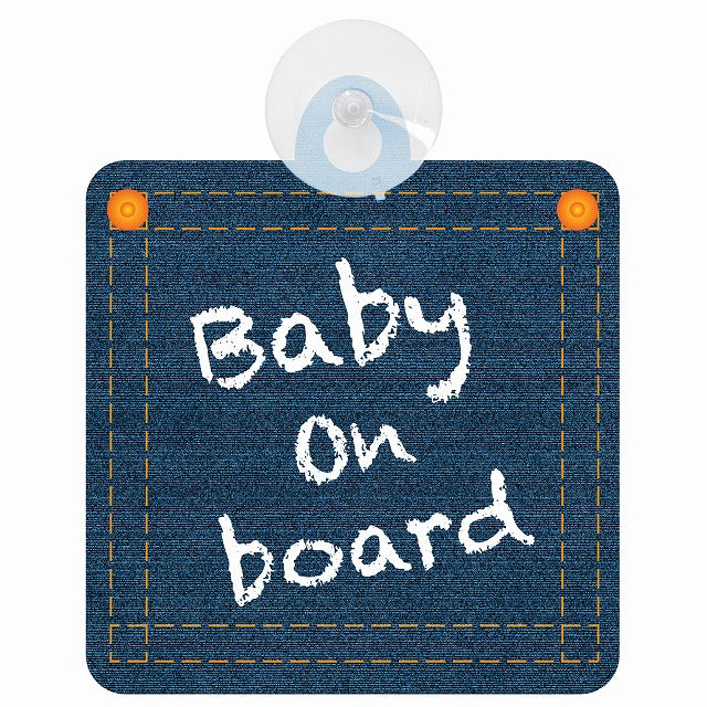 baby on board デニム デザイン Cタイプ チョーク書き風 車用吸盤付サイン 12.4x14.6cm