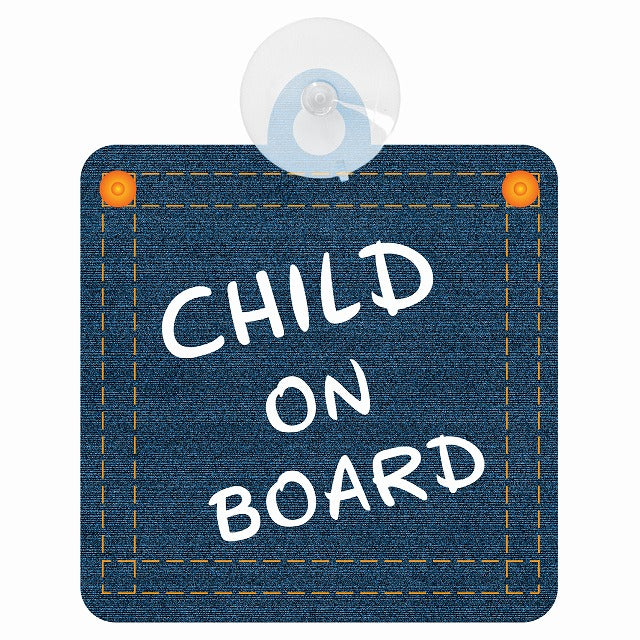 CHILD ON BOARD デニム デザイン Bタイプ 大文字 車用吸盤付サイン 12.4x14.6cm
