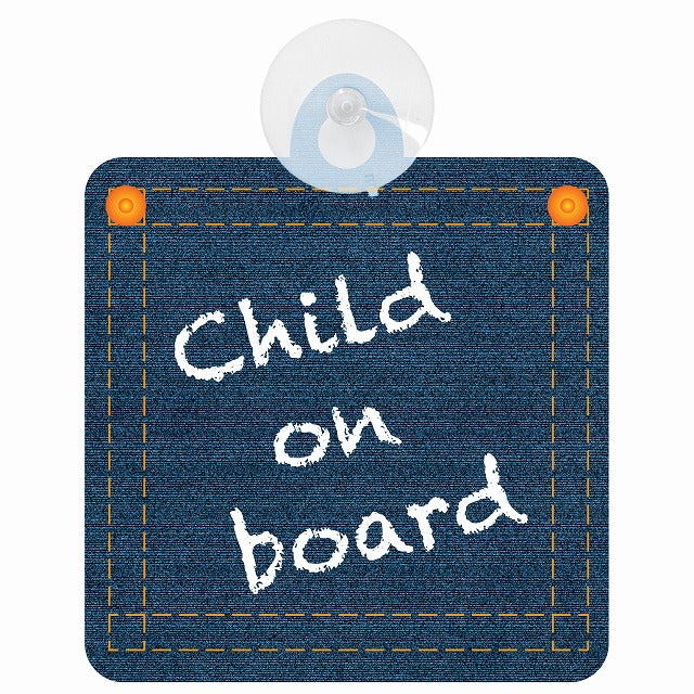 child on board デニム デザイン Cタイプ チョーク書き風 車用吸盤付サイン 12.4x14.6cm