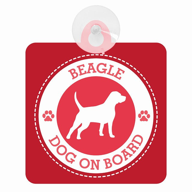 DOG ON BOARD BEAGLE ビーグル レッド 肉球マーク 車用吸盤付サイン 12.4x14.6cm