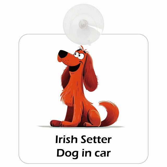 Irish Setter アイリッシュセッター DOG IN CAR アメリカン カートゥーン スタイル アニメ風 車用吸盤付サイン 12.4x14.6cm