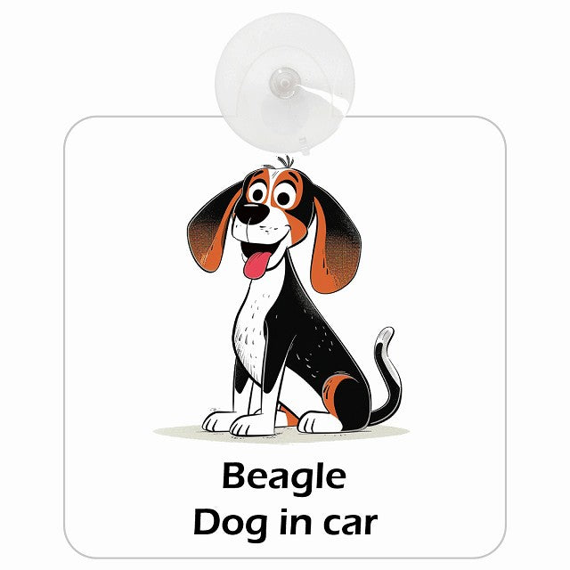 Beagle ビーグル DOG IN CAR アメリカン カートゥーン スタイル アニメ風 車用吸盤付サイン 12.4x14.6cm