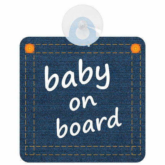 baby on board デニム デザイン Aタイプ 小文字 車用吸盤付サイン 12.4x14.6cm