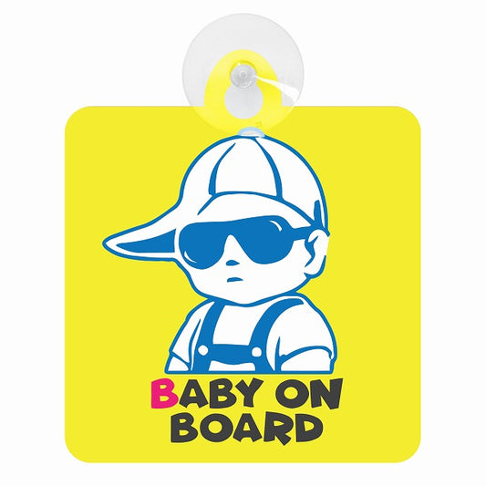 BABY ON BOARD キャップ サングラス イエロー 車用吸盤付サイン 12.4x14.6cm