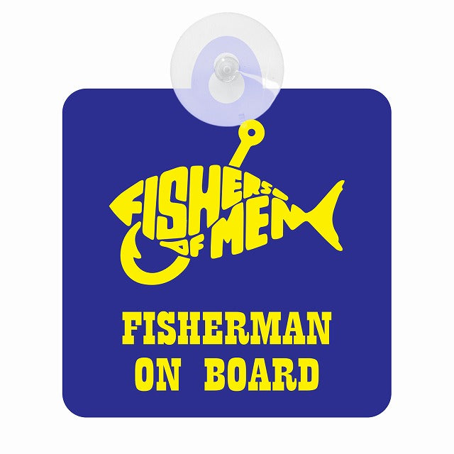 FISHERMAN ON BOARD 魚と釣り針 ブルー 車用吸盤付サイン 12.4x14.6cm 表示プレート