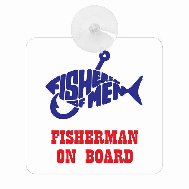 FISHERMAN ON BOARD 魚と釣り針 ホワイト 車用吸盤付サイン 12.4x14.6cm 表示プレート
