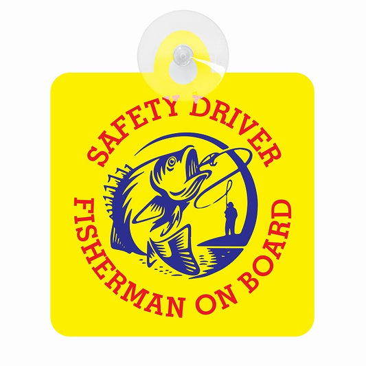 FISHERMAN ON BOARD 釣られる魚 イエロー 車用吸盤付サイン 12.4x14.6cm