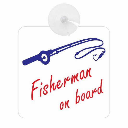 FISHERMAN ON BOARD 釣り竿 ホワイト 車用吸盤付サイン 12.4x14.6cm