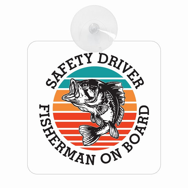 FISHERMAN ON BOARD 釣り 跳ねる魚 ホワイト 車用吸盤付サイン 12.4x14.6cm 表示プレート