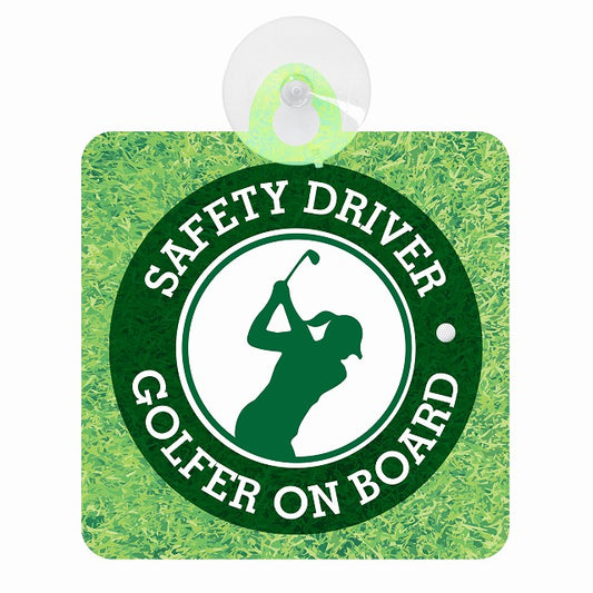 GOLFER ON BOARD ゴルファー ゴルフ 女性 メンズ ゴルフスイング 車用吸盤付サイン 12.4x14.6cm 表示プレート