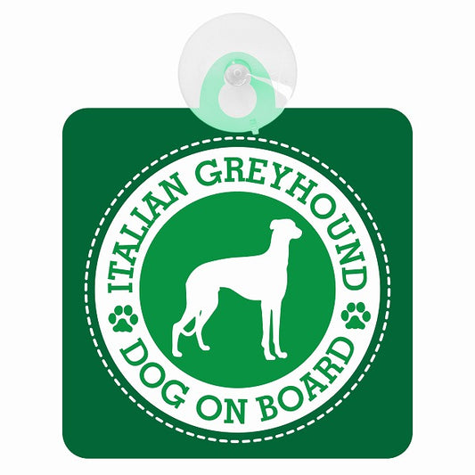 DOG ON BOARD Italian Greyhound イタリアングレーハウンド グリーン 肉球マーク 車用吸盤付サイン 12.4x14.6cm 表示プレート