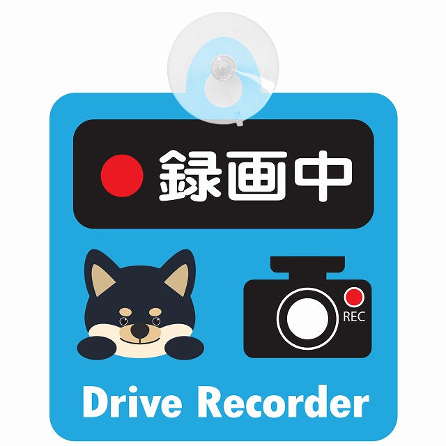 黒柴 録画中 Drive Recorder ブルー 車用吸盤付サイン 12.4x14.6cm 表示プレート