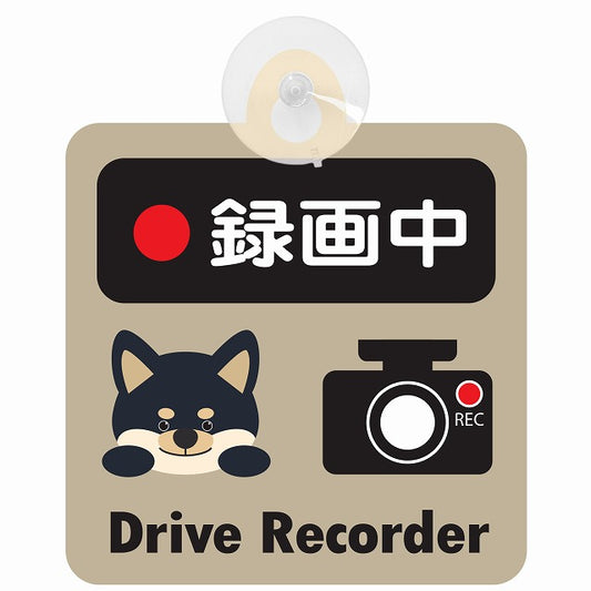 黒柴 録画中 Drive Recorder グレーベージュ 車用吸盤付サイン 12.4x14.6cm 表示プレート