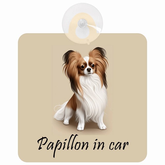 Papillon パピヨン Aタイプ イラスト付 DOG IN CAR 車用吸盤付サイン 12.4x14.6cm