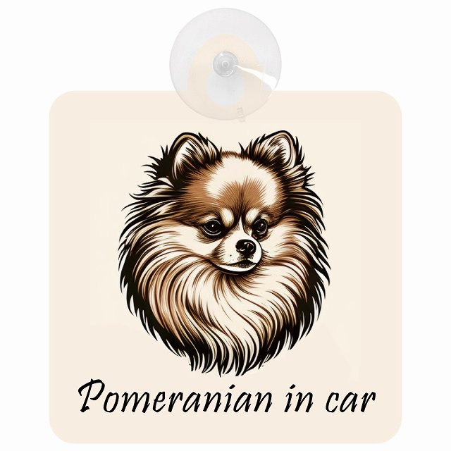 Pomeranian ポメラニアン Aタイプ イラスト付 DOG IN CAR 車用吸盤付サイン 12.4x14.6cm