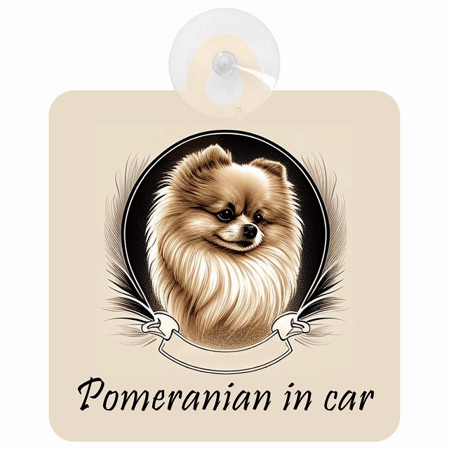 Pomeranian ポメラニアン Bタイプ イラスト付 DOG IN CAR 車用吸盤付サイン 12.4x14.6cm