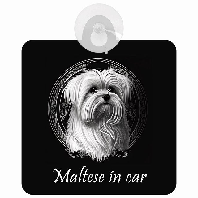 Maltese マルチーズ Aタイプ イラスト付 DOG IN CAR 車用吸盤付サイン 12.4x14.6cm