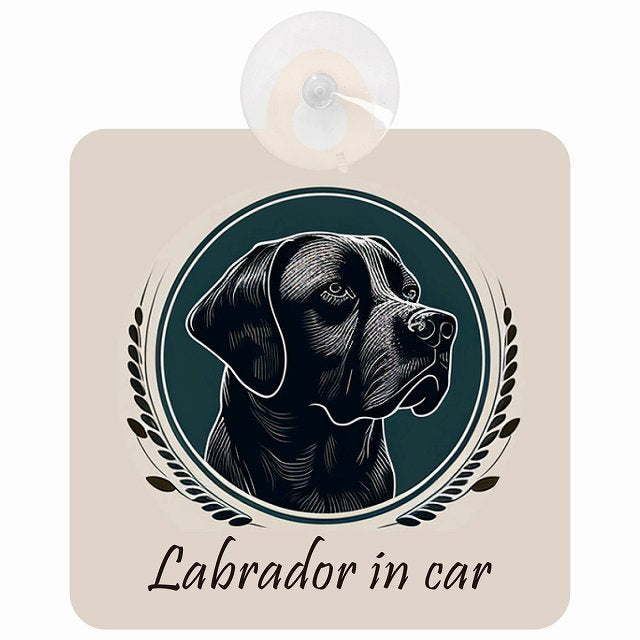 Labrador ラブラドール Bタイプ イラスト付 DOG IN CAR 車用吸盤付サイン 12.4x14.6cm