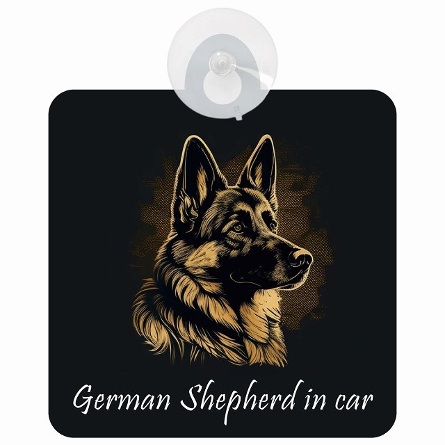 German Shepherd シェパード Aタイプ イラスト付 DOG IN CAR 車用吸盤付サイン 12.4x14.6cm