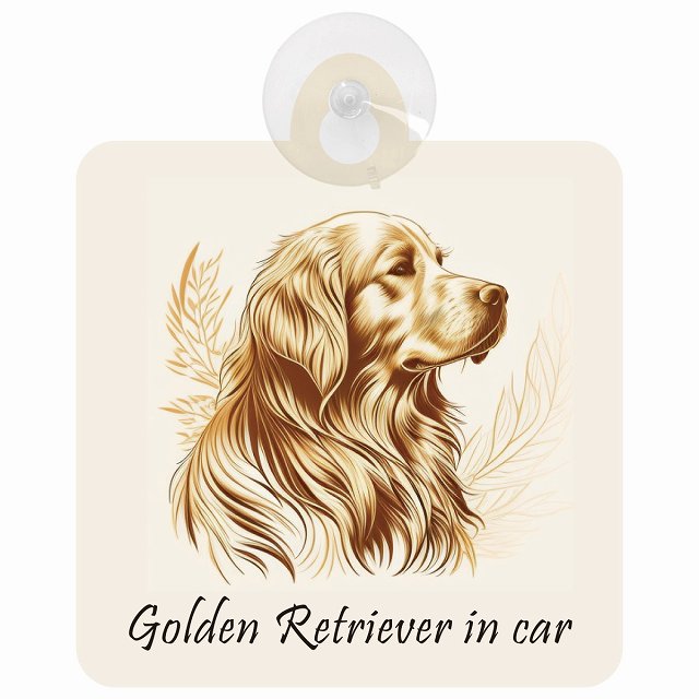 Golden Retriever ゴールデンレトリバー Bタイプ イラスト付 DOG IN CAR 車用吸盤付サイン 12.4x14.6cm