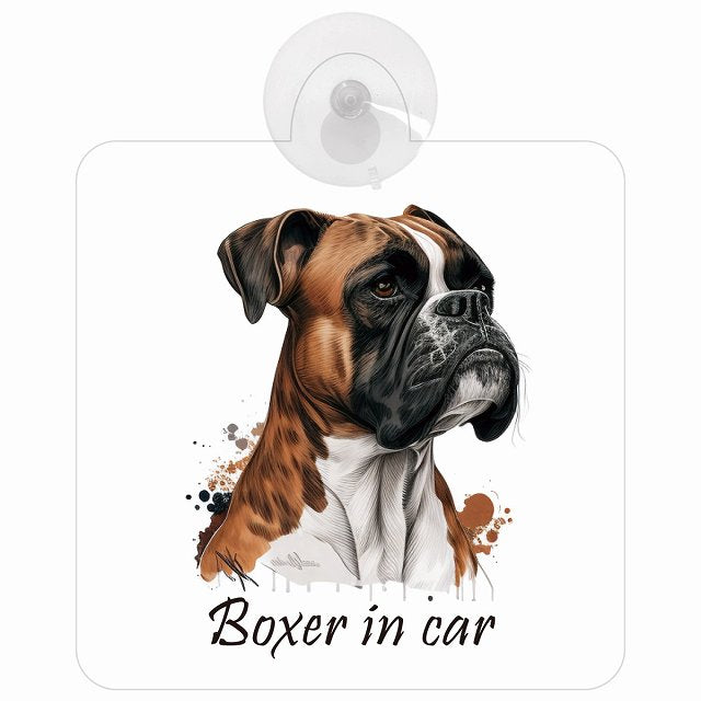 Boxer ボクサー Aタイプ イラスト付 DOG IN CAR 車用吸盤付サイン 12.4x14.6cm