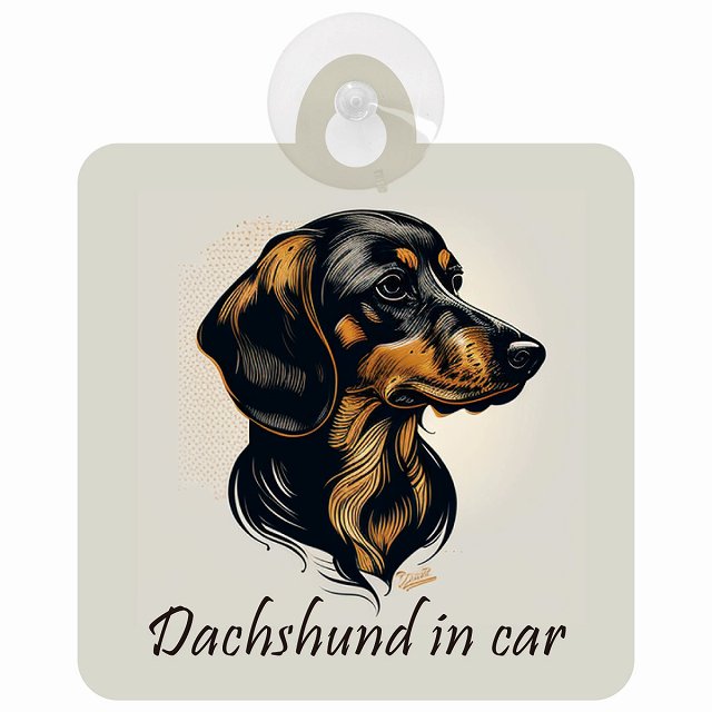 Dachshund ダックスフント Aタイプ イラスト付 DOG IN CAR 車用吸盤付サイン 12.4x14.6cm