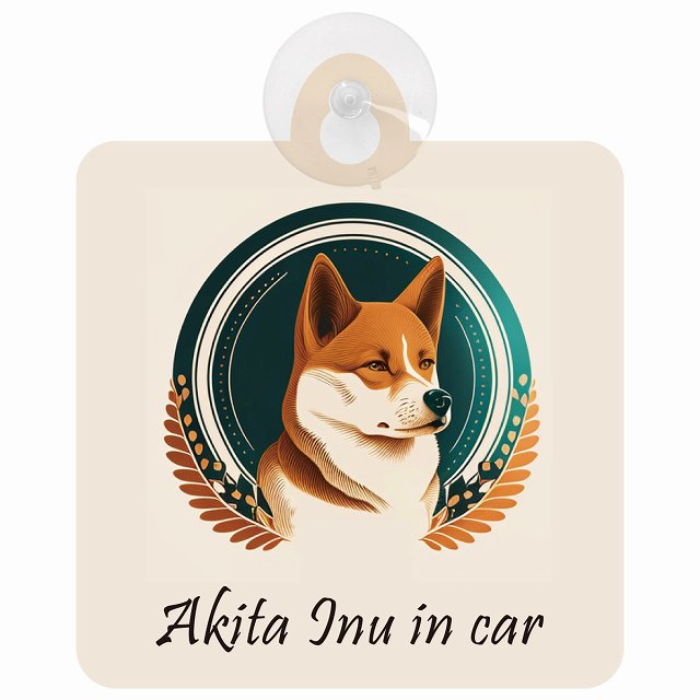 Akita 秋田犬 Bタイプ イラスト付 DOG IN CAR 車用吸盤付サイン 12.4x14.6cm