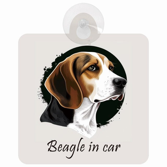 Beagle ビーグル Aタイプ イラスト付 DOG IN CAR 車用吸盤付サイン 12.4x14.6cm