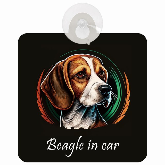 Beagle ビーグル Bタイプ イラスト付 DOG IN CAR 車用吸盤付サイン 12.4x14.6cm