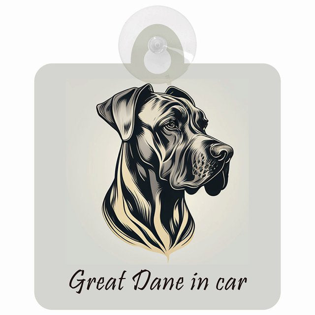 Great Dane グレートデーン Aタイプ イラスト付 DOG IN CAR 車用吸盤付サイン 12.4x14.6cm