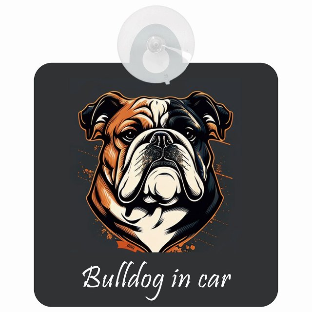 Bulldog ブルドッグ Aタイプ イラスト付 DOG IN CAR 車用吸盤付サイン 12.4x14.6cm