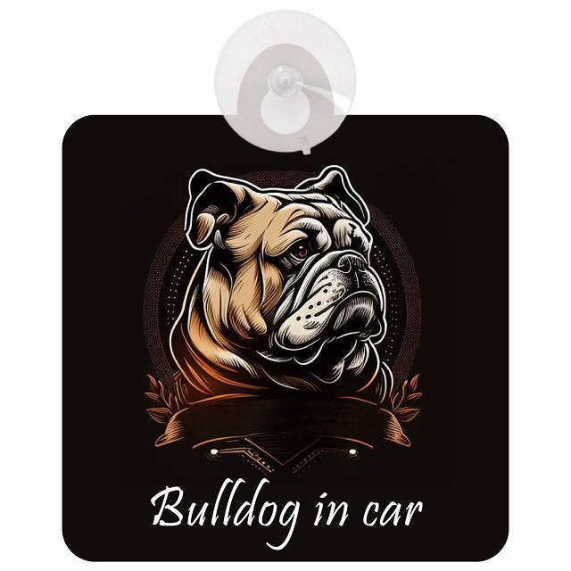Bulldog ブルドッグ Bタイプ イラスト付 DOG IN CAR 車用吸盤付サイン 12.4x14.6cm