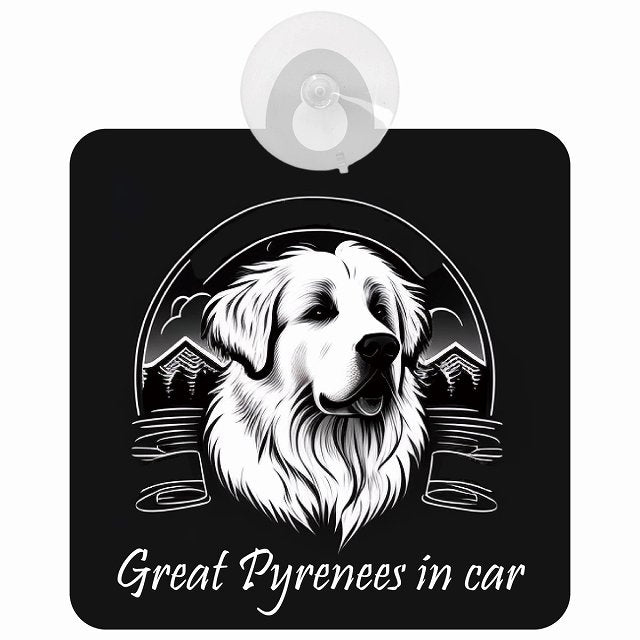 Great Pyrenees グレートピレニーズ Aタイプ イラスト付 DOG IN CAR 車用吸盤付サイン 12.4x14.6cm