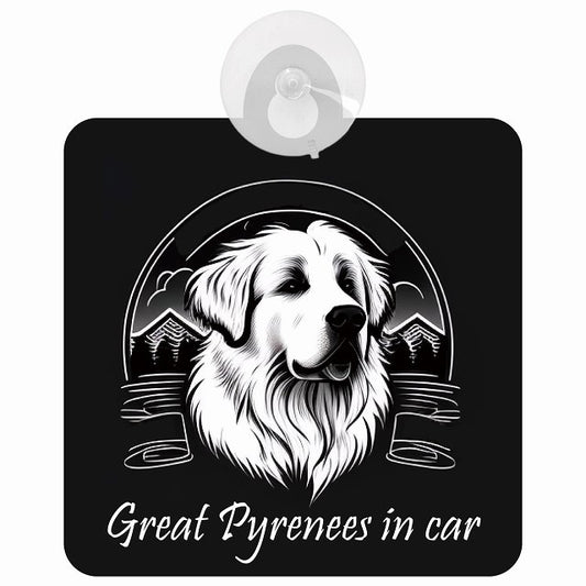 Great Pyrenees グレートピレニーズ Aタイプ イラスト付 DOG IN CAR 車用吸盤付サイン 12.4x14.6cm
