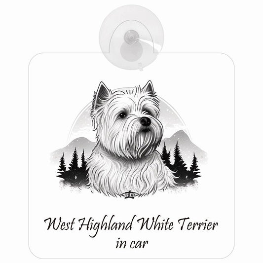 West Highland White Terrier ウエストハイランドホワイトテリア Bタイプ イラスト付 DOG IN CAR 車用吸盤付サイン 12.4x14.6cm