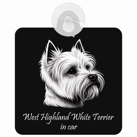 West Highland White Terrier ウエストハイランドホワイトテリア Aタイプ イラスト付 DOG IN CAR 車用吸盤付サイン 12.4x14.6cm