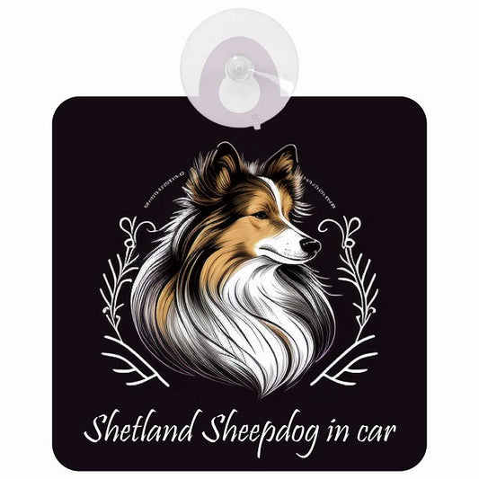 Shetland Sheepdog シェットランドシープドッグ Aタイプ イラスト付 DOG IN CAR 車用吸盤付サイン 12.4x14.6cm