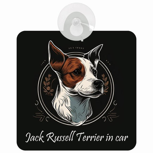 Jack Russell Terrier ジャックラッセルテリア Aタイプ イラスト付 DOG IN CAR 車用吸盤付サイン 12.4x14.6cm