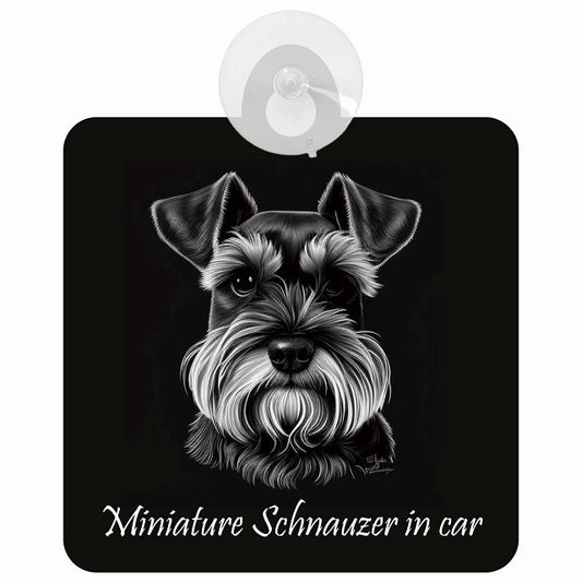 Miniature Schnauzer ミニチュアシュナウザー Aタイプ イラスト付 DOG IN CAR 車用吸盤付サイン 12.4x14.6cm