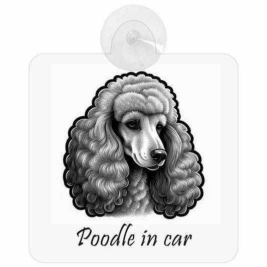 Poodle プードル Bタイプ イラスト付 DOG IN CAR 車用吸盤付サイン 12.4x14.6cm