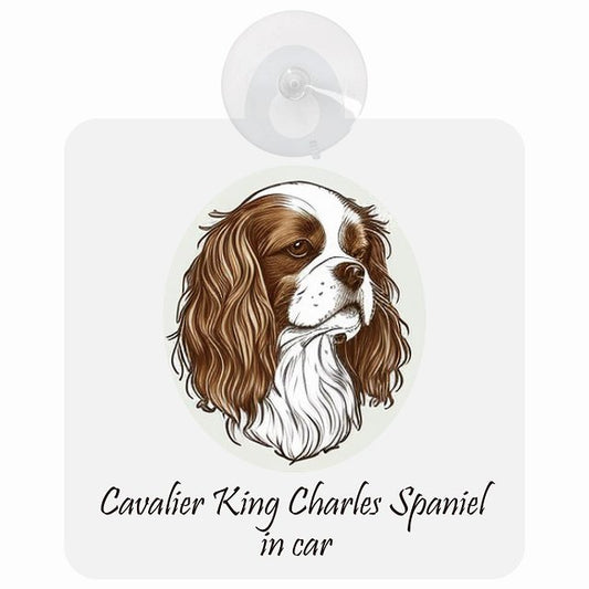 Cavalier King Charles Spaniel キャバリアキングチャールズスパニエル Aタイプ イラスト付 DOG IN CAR 車用吸盤付サイン 12.4x14.6cm