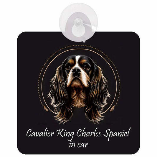 Cavalier King Charles Spaniel キャバリアキングチャールズスパニエル Bタイプ イラスト付 DOG IN CAR 車用吸盤付サイン 12.4x14.6cm