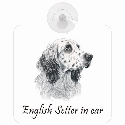 English Setter イングリッシュセッター Aタイプ イラスト付 DOG IN CAR 車用吸盤付サイン 12.4x14.6cm