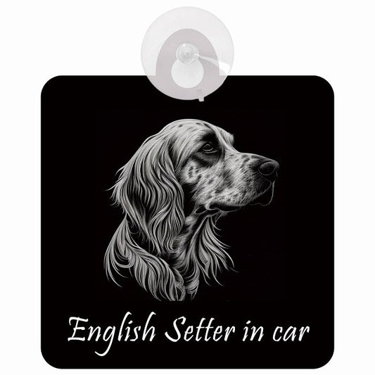 English Setter イングリッシュセッター Bタイプ イラスト付 DOG IN CAR 車用吸盤付サイン 12.4x14.6cm