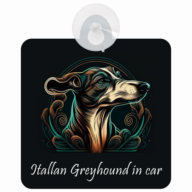 Itallan Greyhound イタリアングレーハウンド Aタイプ イラスト付 DOG IN CAR 車用吸盤付サイン 12.4x14.6cm