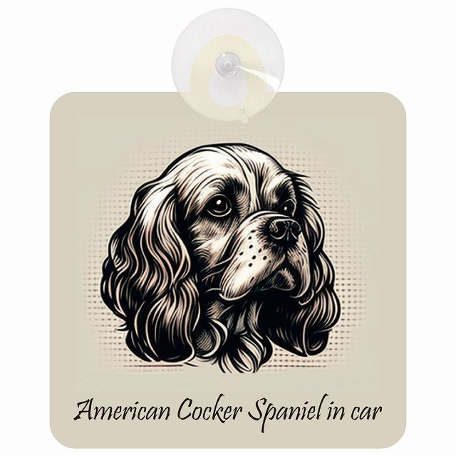American Cocker Spaniel アメリカンコッカースパニエル Aタイプ イラスト付 DOG IN CAR 車用吸盤付サイン 12.4x14.6cm