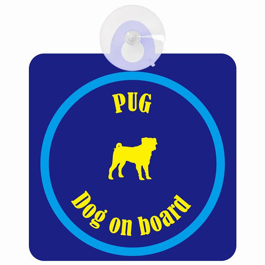 Pug パグ ネイビー＆ブルー DOG IN CAR カラフル 車用吸盤付サイン 12.4x14.6cm