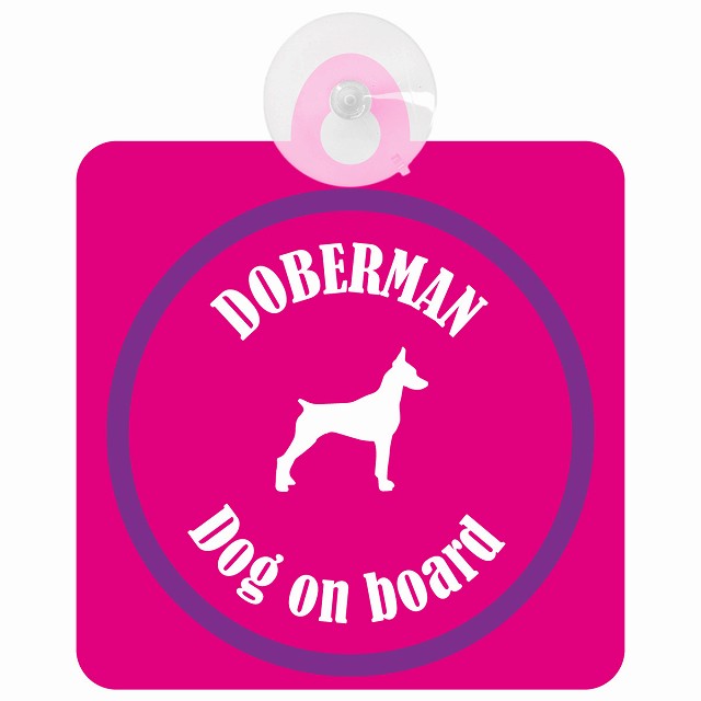 Doberman ドーベルマン ピンク＆パープル DOG IN CAR カラフル 車用吸盤付サイン 12.4x14.6cm