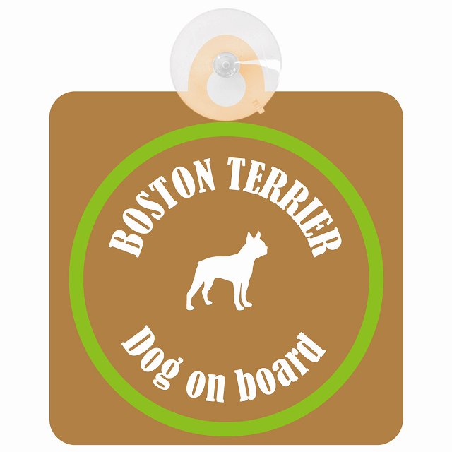 Boston Terrier ボストンテリア ブラウン＆グリーン DOG IN CAR カラフル 車用吸盤付サイン 12.4x14.6cm