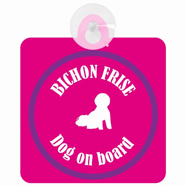Bichon Frise ビションフリーゼ ピンク＆パープル DOG IN CAR カラフル 車用吸盤付サイン 12.4x14.6cm